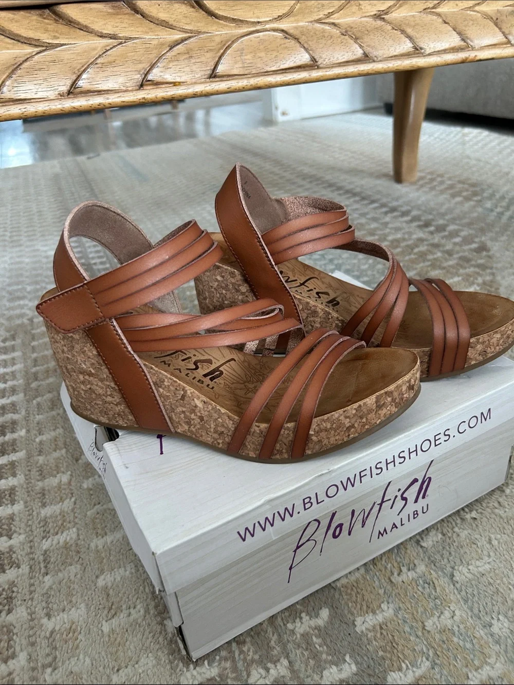 Blowfish Cognac Multi-Strap Cork Wedge Sandals